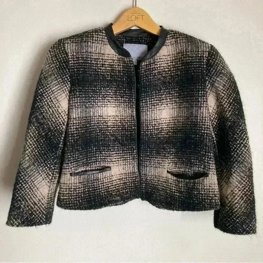 Vintage Classiques Entier Plaid Crop Jacket Wool Blend with Faux Leather, Small